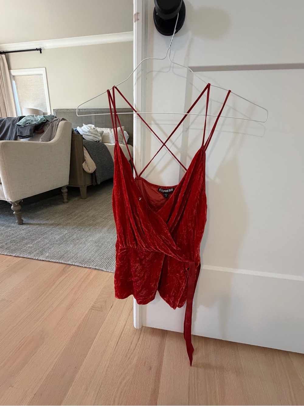 Express Red Velvet Wrap Cami with Crisscross Straps